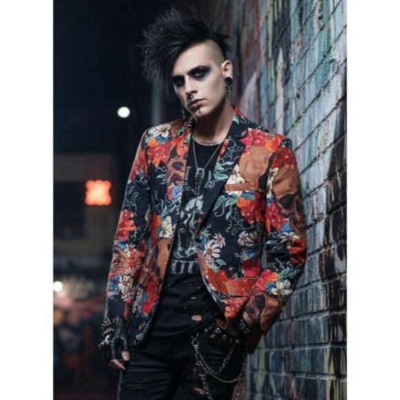 Whispers Of Mortality Floral Gothic Skull Blazer Jacket By Giovanco Goth Punk 40 - Picture 2 of 8